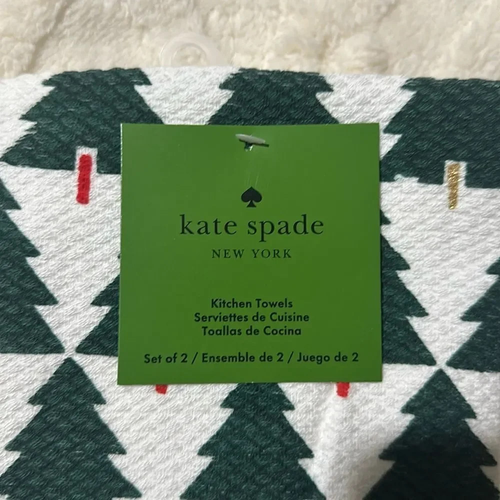 kate spade 2 Cotton White Green Red Gold Metallic Christmas Tree Kitchen Towels